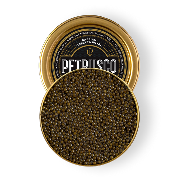 An open tin of Petrusco Caspian Ossetra Royal caviar