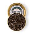 Load image into Gallery viewer, Open tin of Petrusco Amur caviar with gold lid showing glossy dark brown pearls, overhead on a white background
