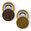 Load image into Gallery viewer, Two open gold tins of Petrusco caviar — dark brown Amur and olive-green Royal Ossetra — viewed from above.
