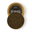Load image into Gallery viewer, Open tin of Petrusco Caspian Ossetra Royal caviar showing glossy olive-green pearls on a white background.
