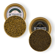 Load image into Gallery viewer, Two open Petrusco tins showing Royal Ossetra caviar with golden-green pearls and Caspian Ossetra Royal caviar with fine dark pearls, lids displaying branded labels
