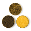 Load image into Gallery viewer, Three open Petrusco tins showing Royal Ossetra, Caspian Ossetra Royal, and Almas Albino Sterlet caviar with lids displaying branded labels.
