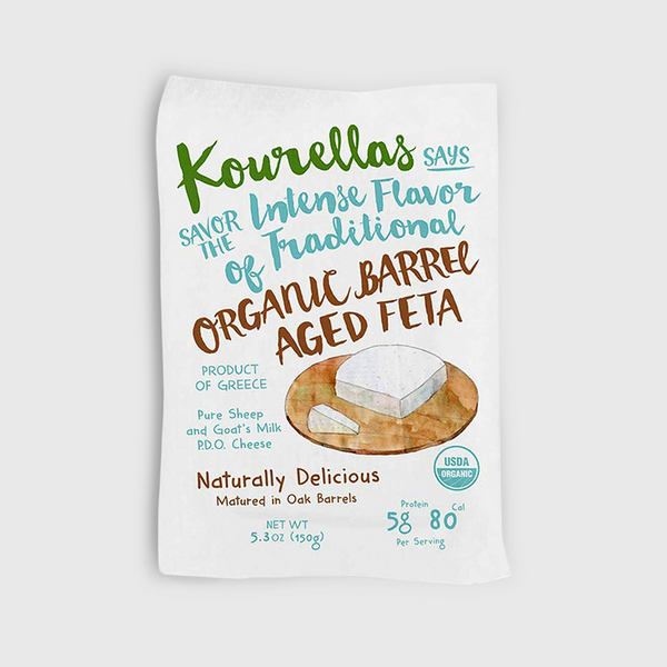 Kowrellas Organic Barrel Aged Feta cheese packaging on a white background
