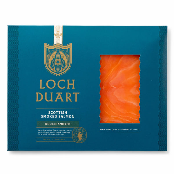 Loch Duart Scottish Double Smoked Salmon in teal packaging with gold crest, ready to eat.
