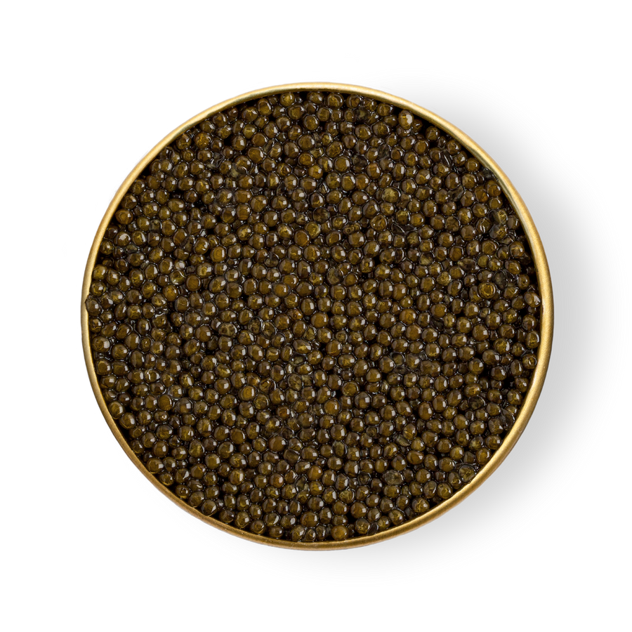 A close up of black caviar in a gold tin