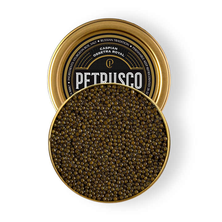 An open tin of Petrusco Caspian Ossetra Royal caviar