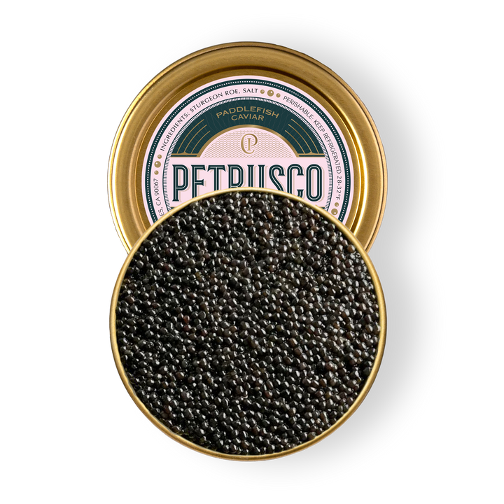 An overhead picture of Petrusco Paddlefish caviar in an open tin