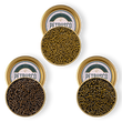 Load image into Gallery viewer, Royal Ossetra, River Beluga, and limited edition Amur caviar in open tins.
