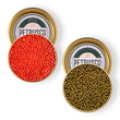 Load image into Gallery viewer, An overhead picture of Petrusco Smoked Trout Roe and Royal Ossetra caviar in open tins.
