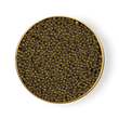 Load image into Gallery viewer, Open tin of Petrusco Imperial Ossetra caviar with branded gold lid showing golden-green Ossetra pearls.
