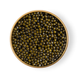 Load image into Gallery viewer, Open tin of Petrusco Limited Edition River Beluga Hybrid caviar with branded gold lid revealing lustrous green pearls.
