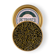Load image into Gallery viewer, Open tin of Petrusco Limited Edition River Beluga Hybrid caviar showing large, glossy olive-jade pearls on a white background.
