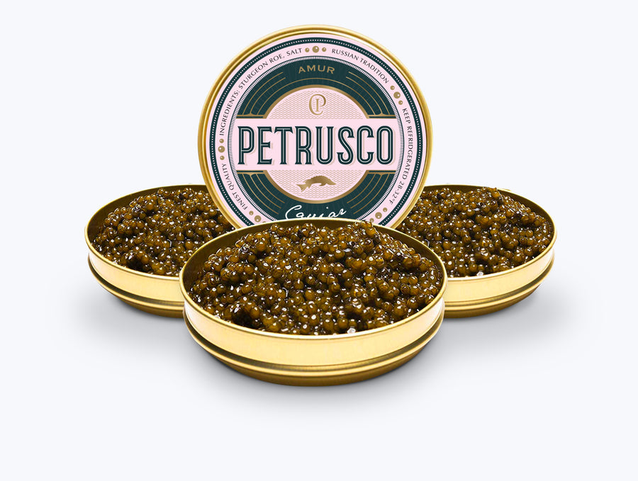 three opened tins of Petrusco River beluga hybrid caviar