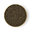 Load image into Gallery viewer, Open tin of Petrusco Platinum Ossetra caviar with black and gold lid showing firm olive-green pearls.
