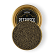Load image into Gallery viewer, Open tin of Petrusco Platinum Ossetra caviar showing glossy dark olive pearls on a white background.
