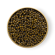 Load image into Gallery viewer, Open tin of Petrusco River Beluga Hybrid caviar with branded lid showing lustrous olive-jade pearls.
