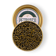 Load image into Gallery viewer, Open tin of Petrusco River Beluga Hybrid caviar showing large glossy olive-amber pearls on a white background.
