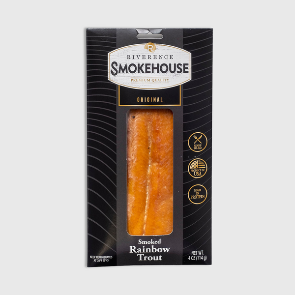 Riverence Smokehouse Original Smoked Rainbow Trout in black packaging, high in protein, product of USA