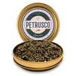 Load image into Gallery viewer, Open Petrusco River Beluga Hybrid caviar tin showing large olive-green sturgeon pearls with branded lid
