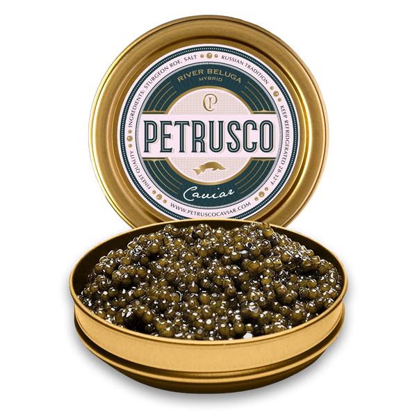 Open Petrusco River Beluga Hybrid caviar tin showing large olive-green sturgeon pearls with branded lid