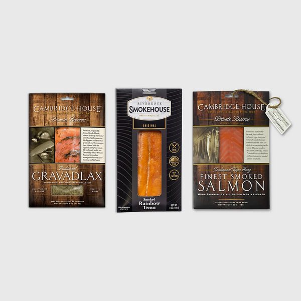 Petrusco seafood trio featuring Cambridge House Finest Smoked Salmon, Riverence Smoked Rainbow Trout, and Cambridge House Gravadlax