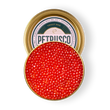 Load image into Gallery viewer, Overhead view of vibrant red rainbow trout roe in an open gold tin.

