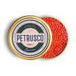 Load image into Gallery viewer, Overhead view of large orange-red wild Alaska salmon roe pearls in an open gold tin.
