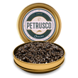 Load image into Gallery viewer, Petrusco Amur caviar tin open at an angle with branded gold lid upright, revealing dark brown sturgeon pearls.
