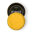 Load image into Gallery viewer, Open tin of Petrusco Almas Albino Sterlet caviar showing luminous golden pearls on a white background.
