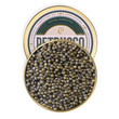 Load image into Gallery viewer, Open Petrusco Royal Ossetra caviar tin showing golden-green sturgeon pearls with branded lid.
