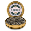 Load image into Gallery viewer, Petrusco Sevruga caviar tin open at an angle with branded lid showing compact dark olive pearls
