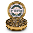 Load image into Gallery viewer, Petrusco Royal Ossetra caviar tin open at an angle with branded lid displaying golden-green pearls
