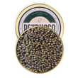 Load image into Gallery viewer, Open Petrusco River Beluga Hybrid caviar tin showing large olive-green sturgeon pearls with branded lid.
